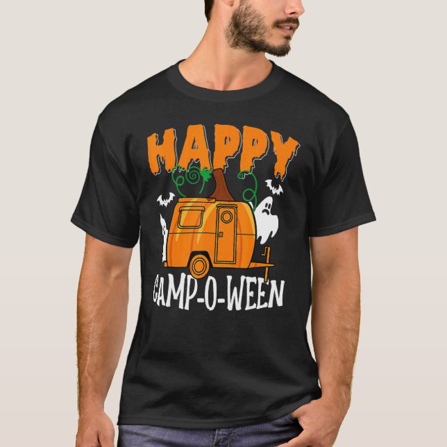 Halloween Camping Happy Campoween Pun Ghost Camper T-Shirt (Front)