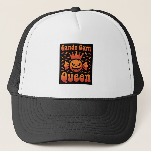 Halloween Candy Corn Queen Retro Vector Design Trucker Hat (Front)