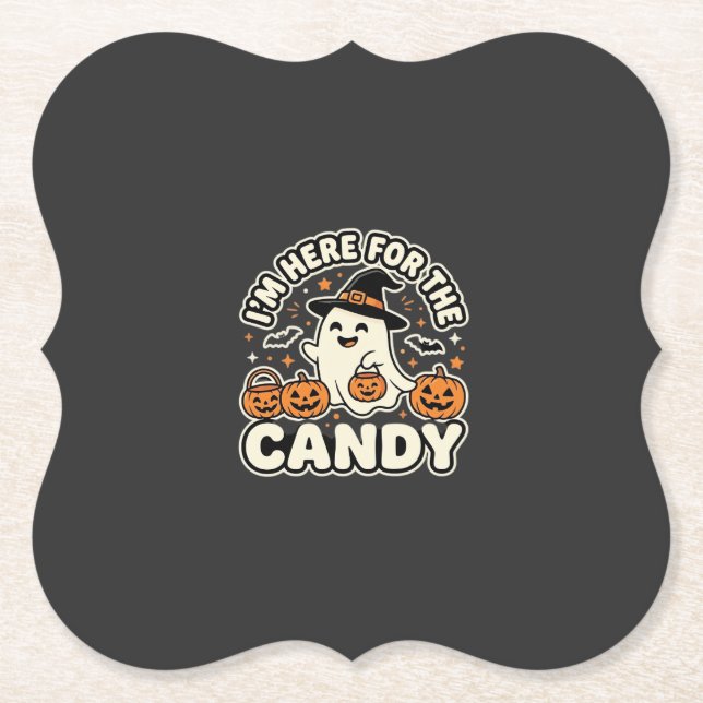 Halloween Candy Ghost Pumpkin Design Paper Coaster (Front)