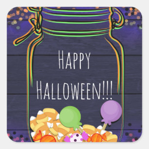 Halloween Candy Mason Jar Party Glowing Favour Square Sticker