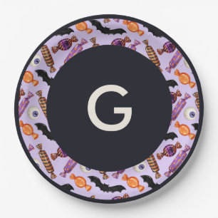 Halloween Candy Treats Purple Monogram Paper Plate