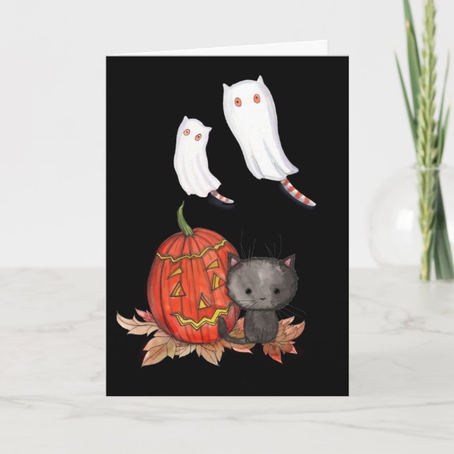 Halloween Card Black Cat Ghost Cats Cute! (Front)