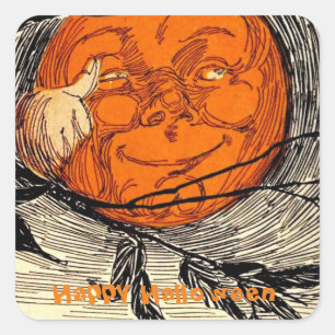 Halloween Card Vintage Orange Moon Illustration Square Sticker