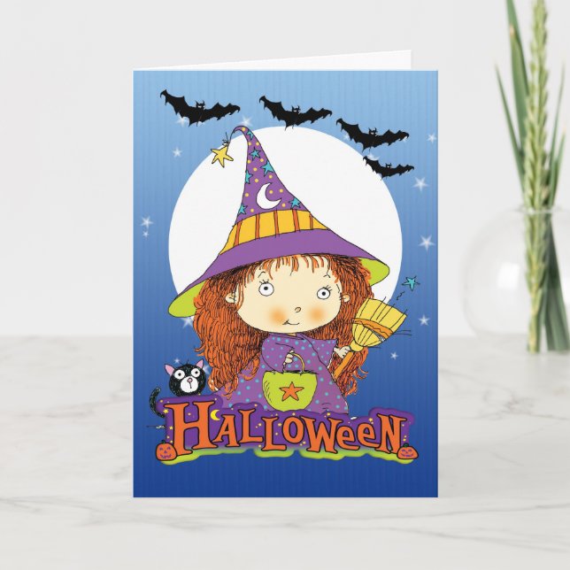 Halloween card with little wtich cat and bats (Front)