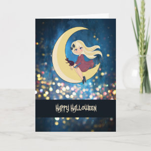 Halloween Card with Pretty Witch & Cat for Child