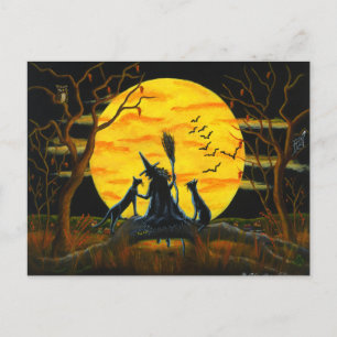 Halloween, carte postale, sorcière, noir, chats, c