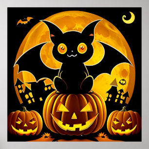 Halloween Cartoon Bats Flying Over Pumpkins Poster