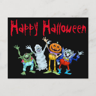 Halloween cartoon creatures waving, postcard. postcard
