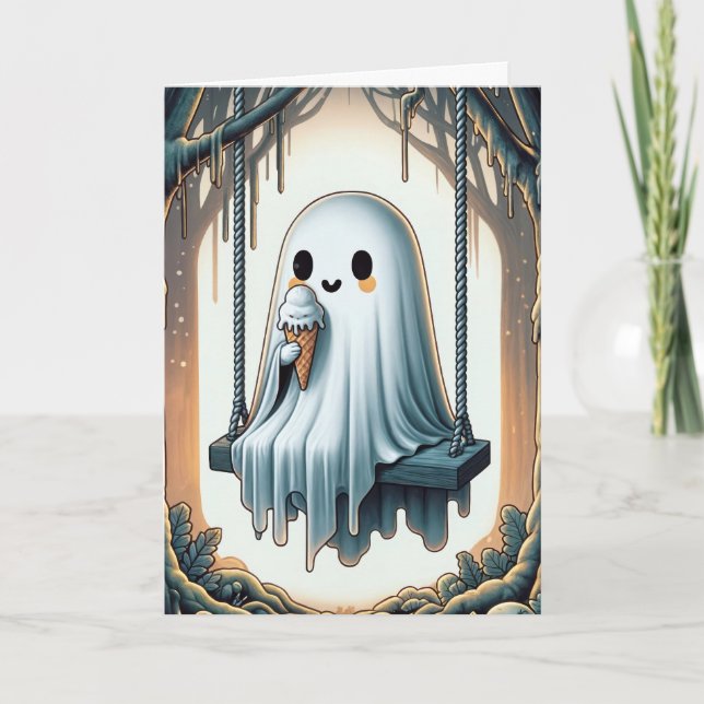 Halloween Cartoon Ghost Eating An Ice Cream Cone Card (Front)