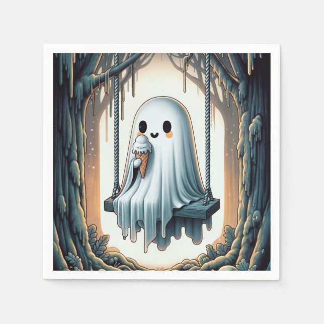 Halloween Cartoon Ghost With Ice Cream Cone Napkin (Front)
