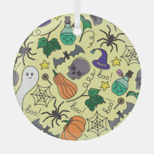 Halloween Cartoon: Vibrant Vintage Pattern Glass Ornament