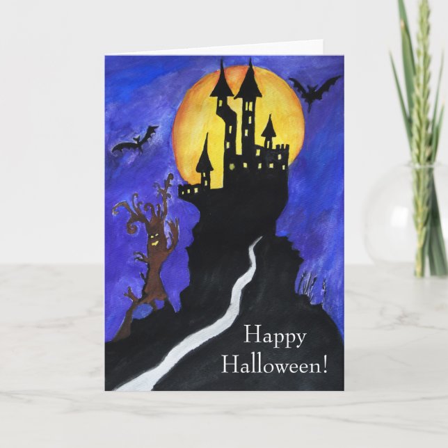 Halloween Castle Bats Tree Drawing Greeting Card (Front)