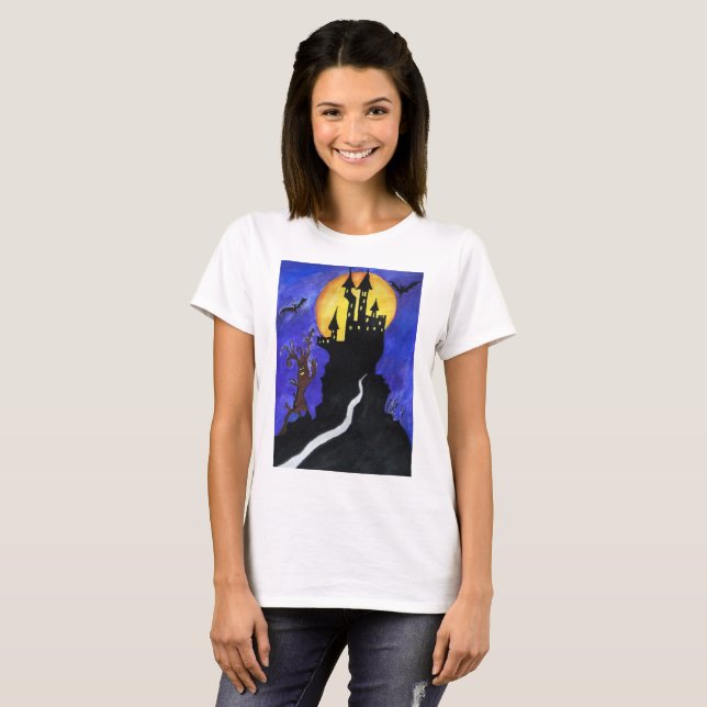 Halloween Castle Bats Women's Basic T-Shirt, White T-Shirt (Front Full)