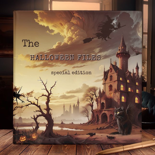 Halloween Castle Witch Black Cat Binder (Halloween binder featuring a dark scene with black cat in a bare landscape with castle)