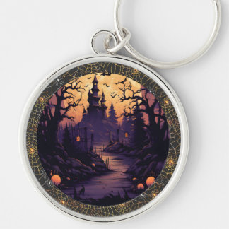 Halloween Castle with Bats, Pumpkins and Spiderweb Keychain