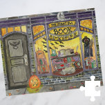 Halloween Cat and Book Shop Jigsaw Puzzle<br><div class="desc">This sweet Halloween book shop painting was created as the October page of a calendar series of watercolor storefronts. Featuring a spooky but cute book store display window full of witchy décor, haunting books, bat decorations, carved pumpkins, magic spell books, and a sleepy grey kitty cat, The Night Owl Book...</div>