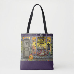 Halloween Cat and Book Shop Watercolor Tote Bag
