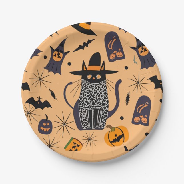 Halloween cat and elements paper plate (Front)