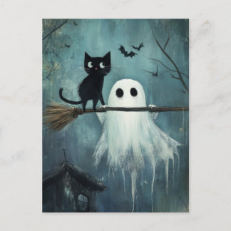 Halloween Cat and Ghost Flying on Broom Postcard