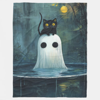Halloween Cat and Ghost in Pool Fleece Blanket