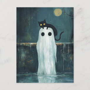Halloween Cat and Ghost in Pool Postcard