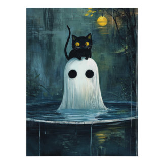 Halloween Cat and Ghost in Pool Poster