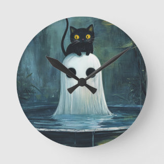 Halloween Cat and Ghost in Pool Round Clock