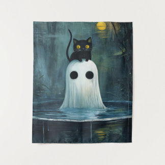 Halloween Cat and Ghost in Pool Tapestry
