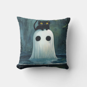 Halloween Cat and Ghost in Pool Throw Pillow