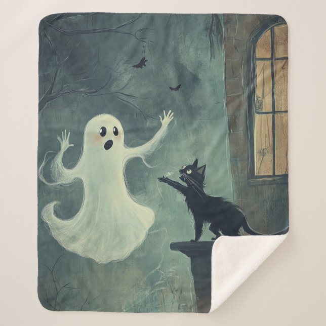 Halloween Cat and Ghost Sherpa Blanket (Front)