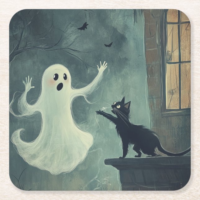 Halloween Cat and Ghost Square Paper Coaster (Front)