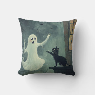 Halloween Cat and Ghost Throw Pillow