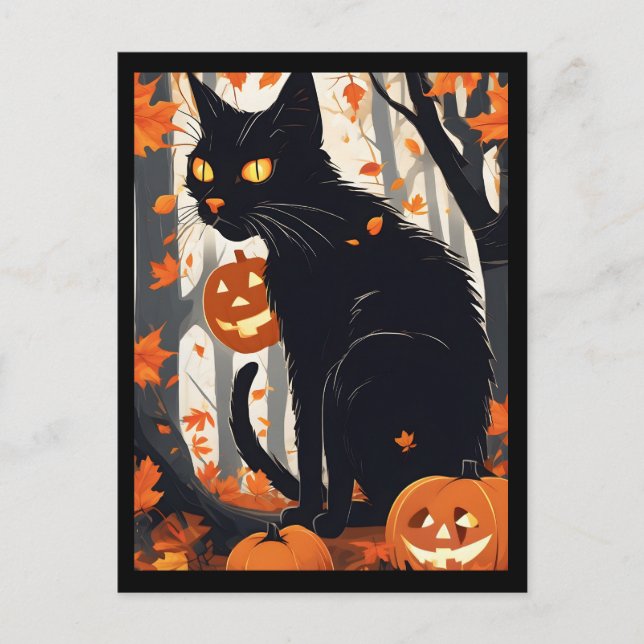 Halloween cat and pumpkins holiday postcard (Front)