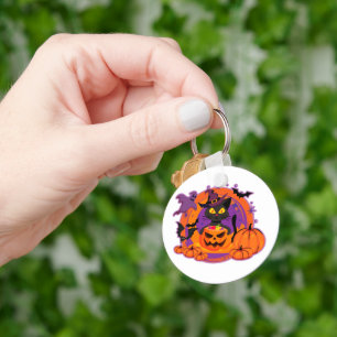 Halloween Cat And Pumpkins Keychain