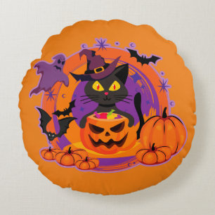 Halloween Cat And Pumpkins Round Pillow