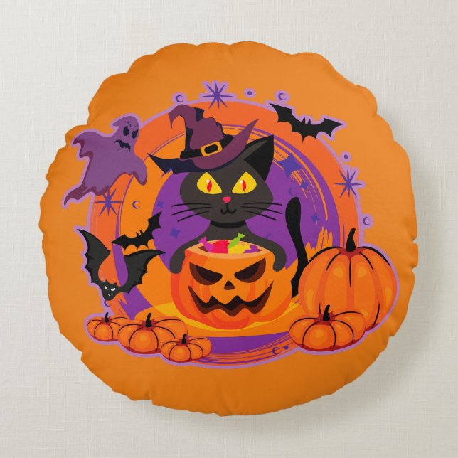 Halloween Cat And Pumpkins Round Pillow (Front)