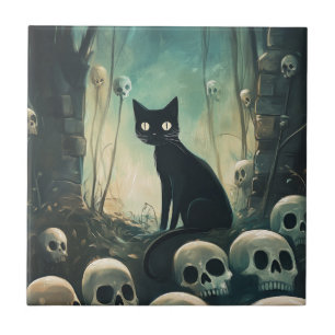 Halloween Cat and Skulls Tile