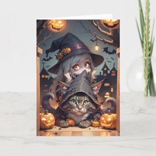 Halloween cat and trick or treat child holiday card