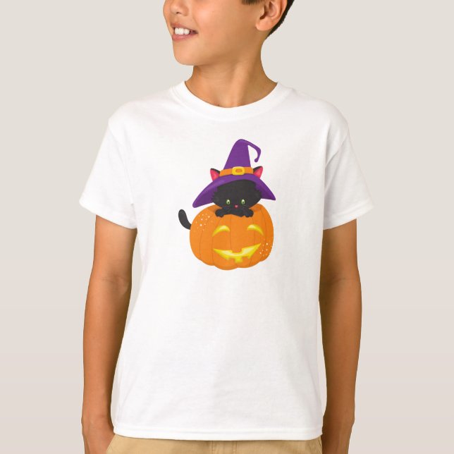 Halloween Cat, Black Cat, Witch Hat, Pumpkin T-Shirt (Front)