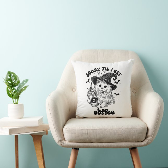 Halloween Cat Coffee - Scary Til I Get Coffee Throw Pillow (Chair)