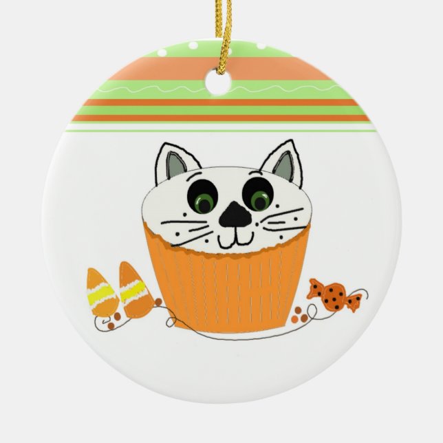 Halloween Cat Cupcake Ceramic Ornament (Front)