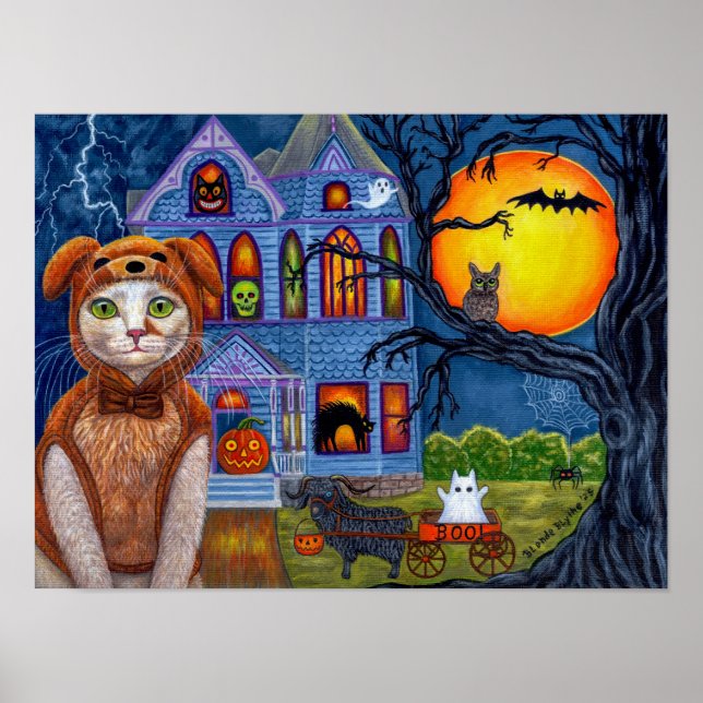 Halloween Cat Dog Costume Haunted Victorian House Poster (Front)