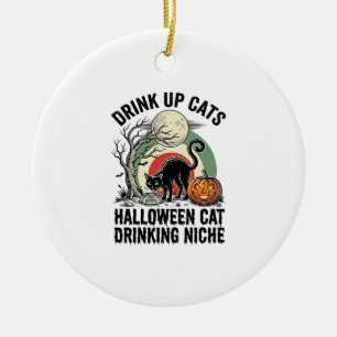 Halloween Cat Drinking Vintage Moon Party Shirt_1 Ceramic Ornament