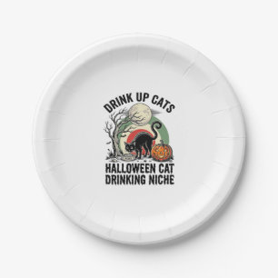 Halloween Cat Drinking Vintage Moon Party Shirt_1 Paper Plate