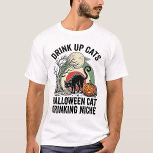Halloween Cat Drinking Vintage Moon Party Shirt_1 T-Shirt