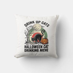 Halloween Cat Drinking Vintage Moon Party Shirt_1 Throw Pillow
