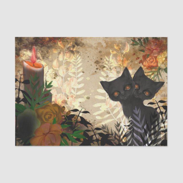 Halloween Cat Floral Decoupage Tissue Paper (Front)