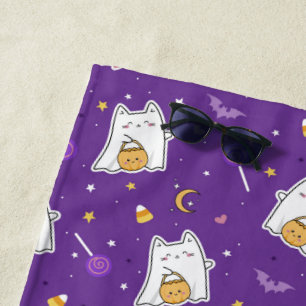 Halloween Cat Ghost Beach Towel