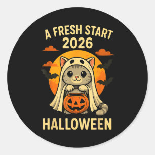 Halloween Cat Ghost Graphic - Fresh Start 2026  Classic Round Sticker