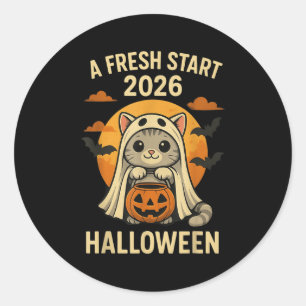 Halloween Cat Ghost Graphic - Fresh Start 2026  Classic Round Sticker